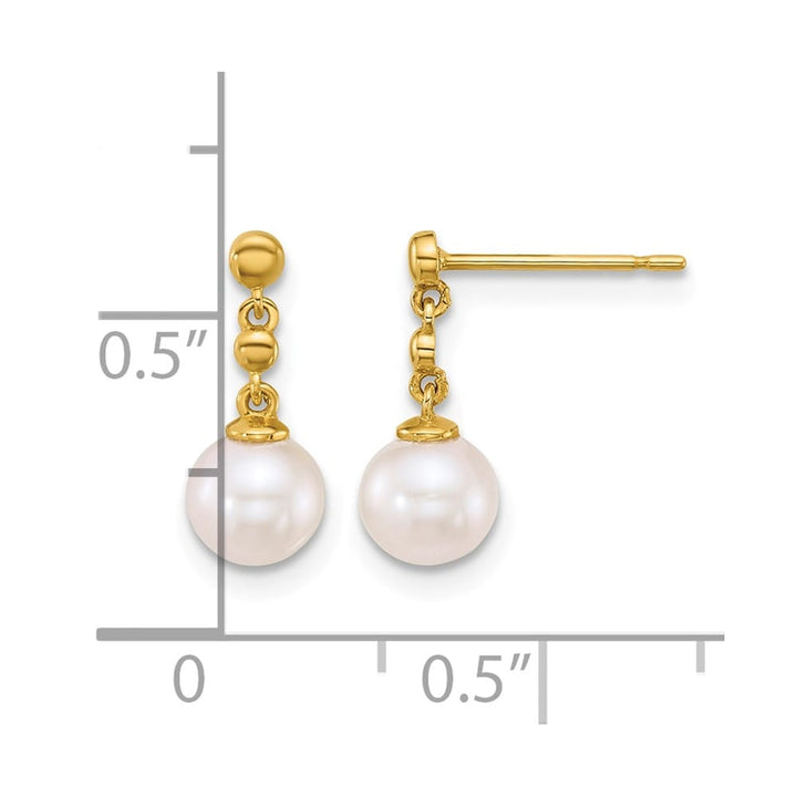 14K Yellow Gold 6-7mm White Round Freshwater Pearl Dangle Earrings