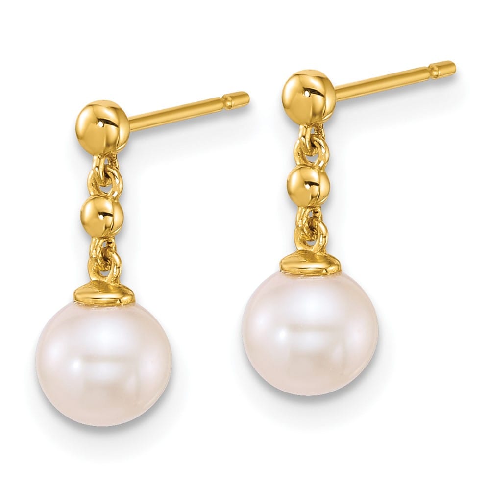 14K Yellow Gold 6-7mm White Round Freshwater Pearl Dangle Earrings