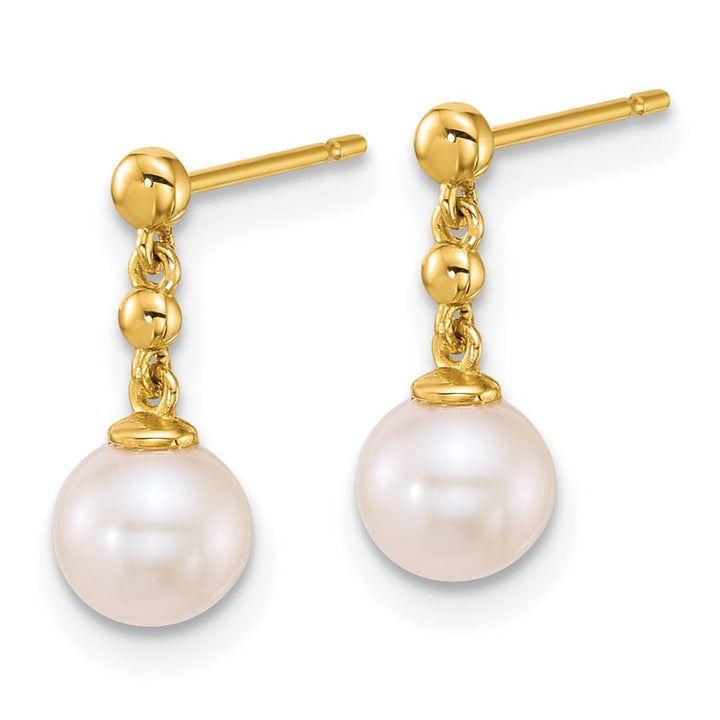 14K Yellow Gold 6-7mm White Round Freshwater Pearl Dangle Earrings