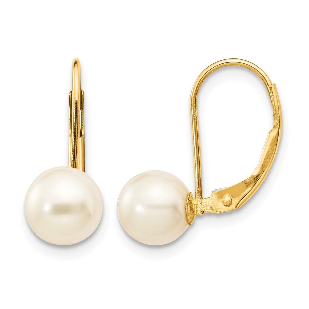 14K Yellow Gold 6-7mm White Round Freshwater Pearl Leverback Earrings