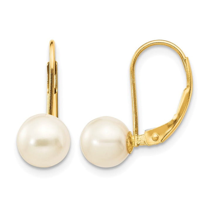 14K Yellow Gold 6-7mm White Round Freshwater Pearl Leverback Earrings