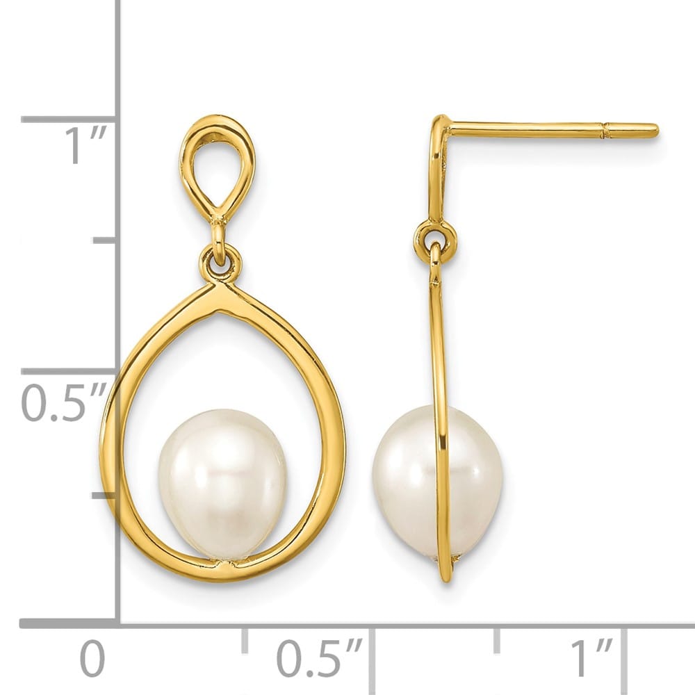 14K Yellow Gold 6-7mm White Teardrop Freshwater Pearl Post Earrings