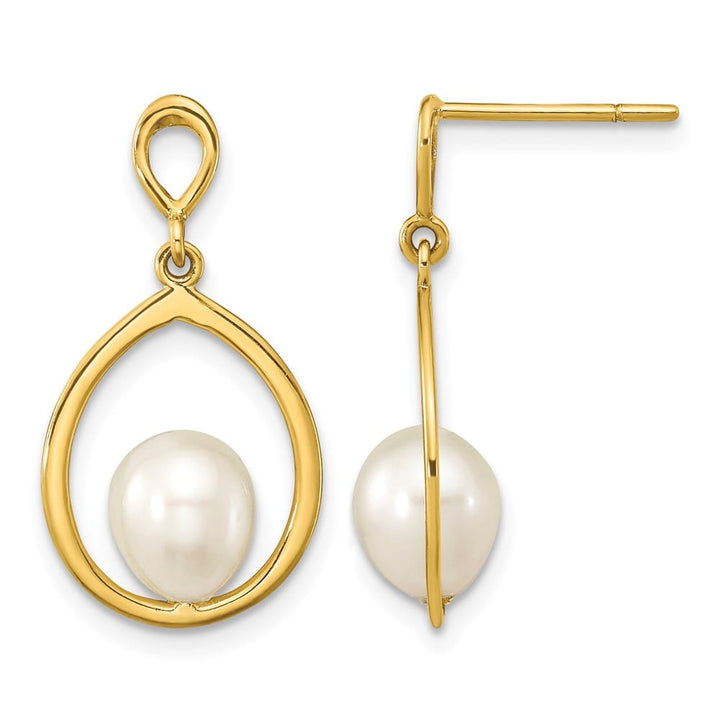 14K Yellow Gold 6-7mm White Teardrop Freshwater Pearl Post Earrings