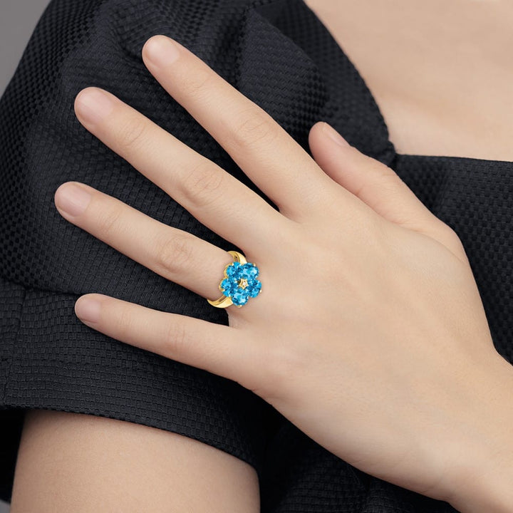 14k Yellow Gold 6 mm Heart Blue Topaz and Diamond Flower Ring