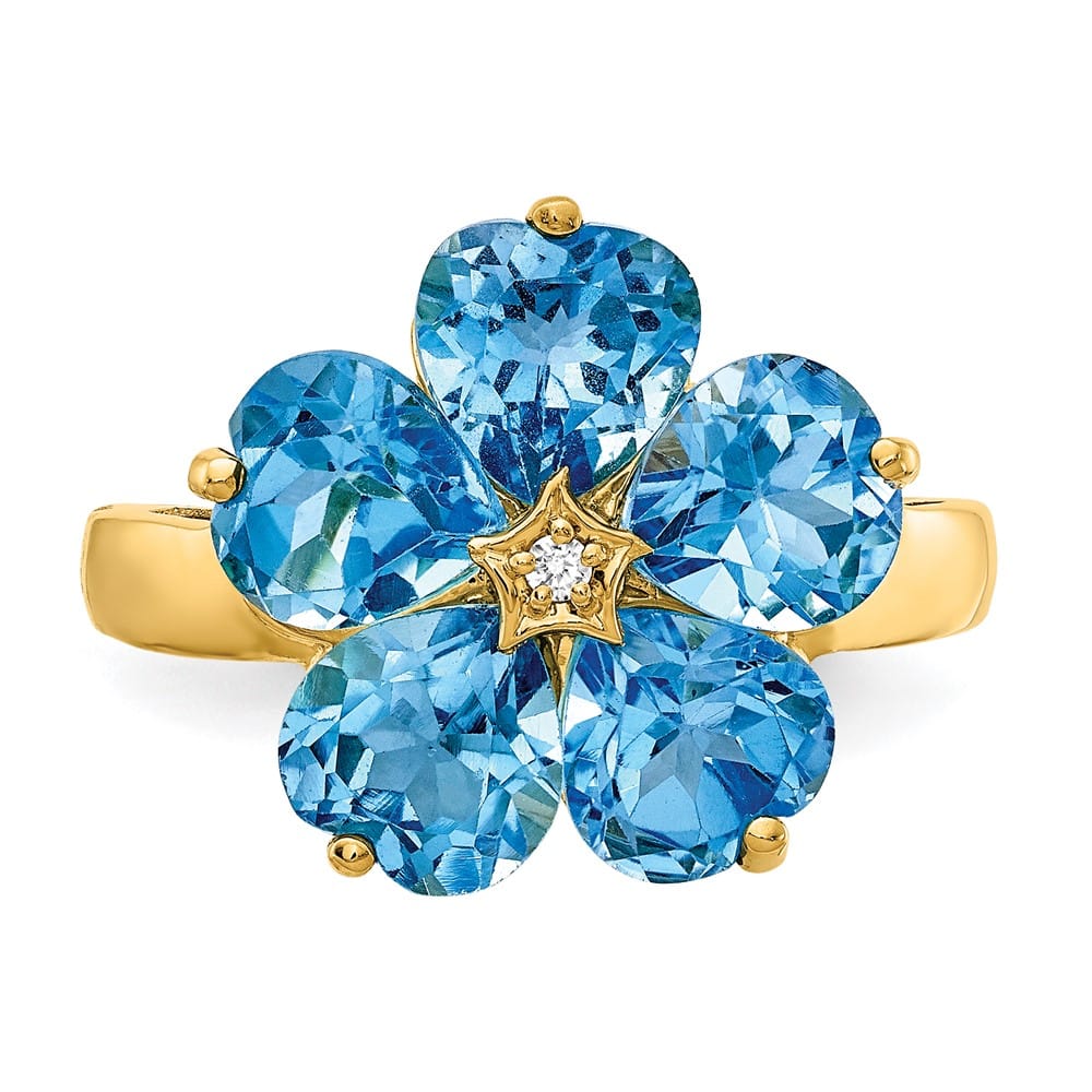14k Yellow Gold 6 mm Heart Blue Topaz and Diamond Flower Ring