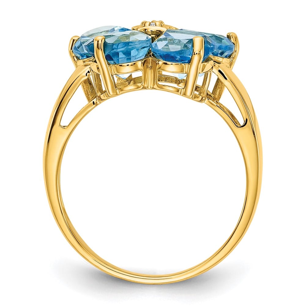 14k Yellow Gold 6 mm Heart Blue Topaz and Diamond Flower Ring