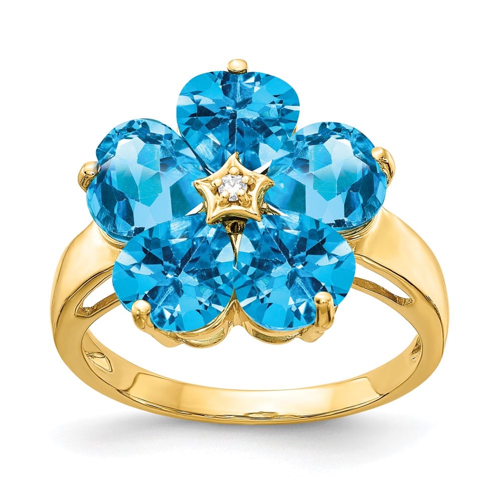 14k Yellow Gold 6 mm Heart Blue Topaz and Diamond Flower Ring
