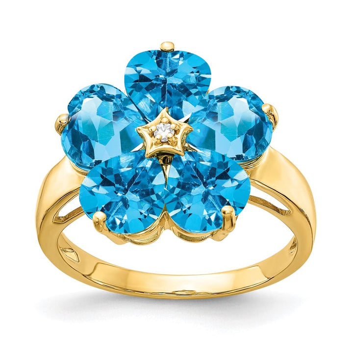 14k Yellow Gold 6 mm Heart Blue Topaz and Diamond Flower Ring