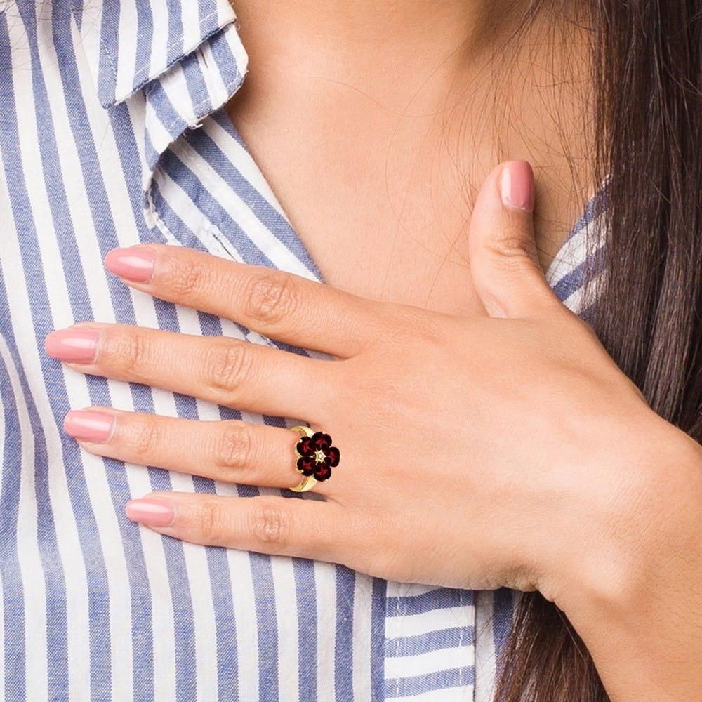 14k Yellow Gold 6 mm Heart Garnet and Diamond Flower Ring