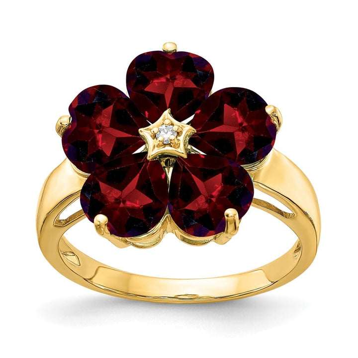 14k Yellow Gold 6 mm Heart Garnet and Diamond Flower Ring