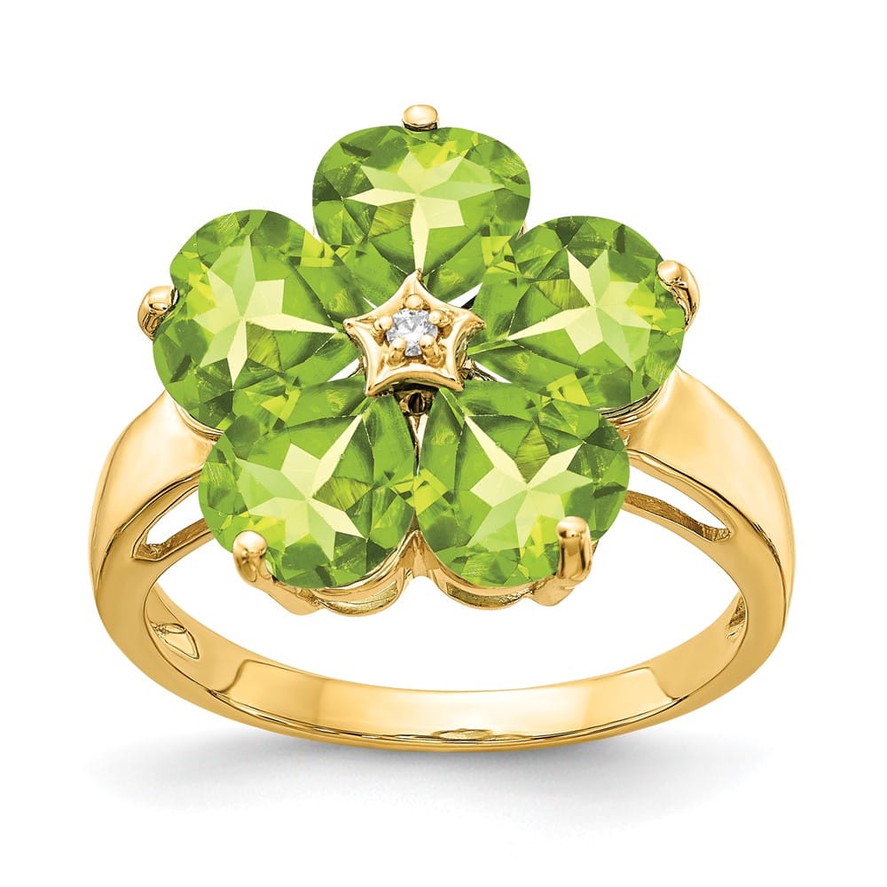 14k Yellow Gold 6 mm Heart Peridot and Diamond Flower Ring