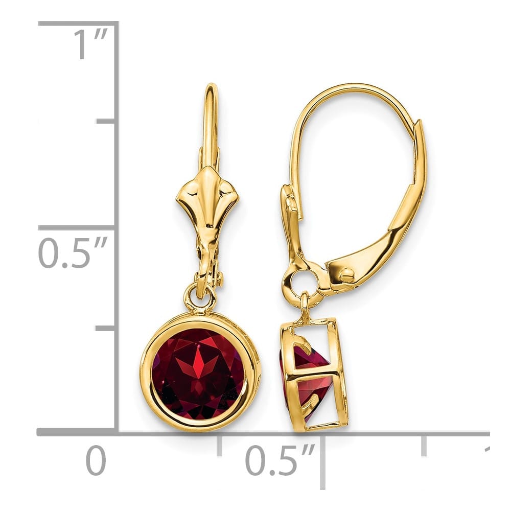 14K Yellow Gold 6mm Round Bezel Leverback Dangle Earrings, Garnet, view 24 of 24