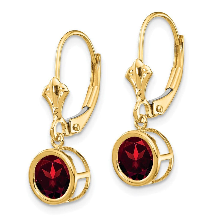 14K Yellow Gold 6mm Round Bezel Leverback Dangle Earrings, Garnet, view 22 of 24