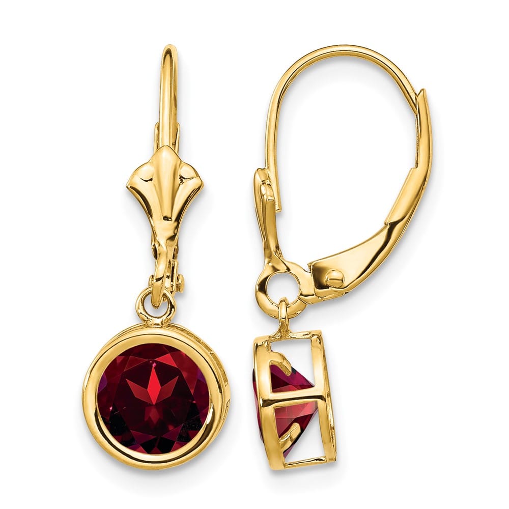 14K Yellow Gold 6mm Round Bezel Leverback Dangle Earrings, Garnet, view 21 of 24