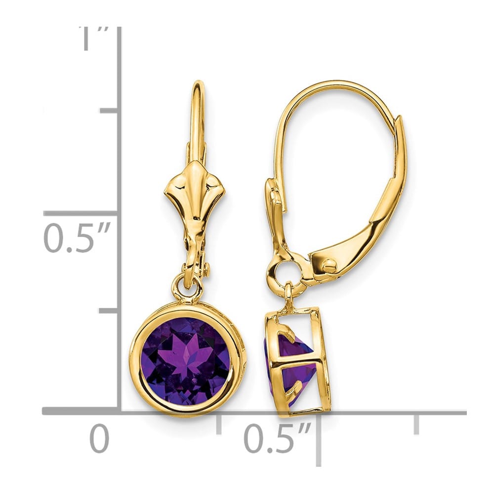 14K Yellow Gold 6mm Round Bezel Leverback Dangle Earrings, Amethyst, view 20 of 24