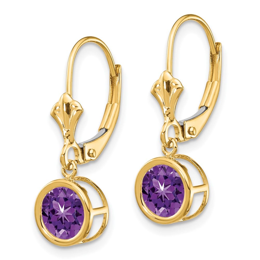 14K Yellow Gold 6mm Round Bezel Leverback Dangle Earrings, Amethyst, view 18 of 24