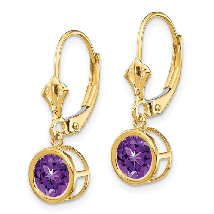 14K Yellow Gold 6mm Round Bezel Leverback Dangle Earrings, Amethyst, view 18 of 24