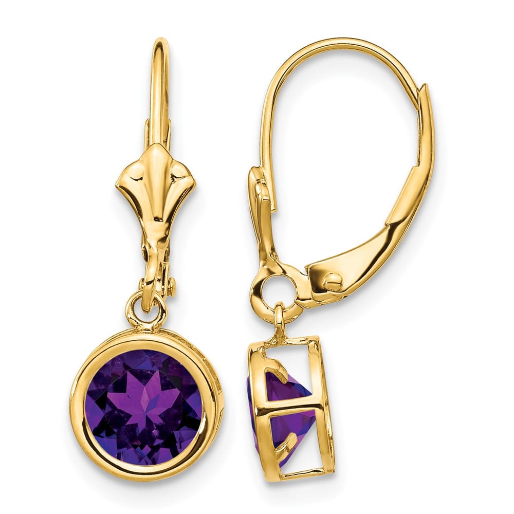 14K Yellow Gold 6mm Round Bezel Leverback Dangle Earrings, Amethyst, view 17 of 24