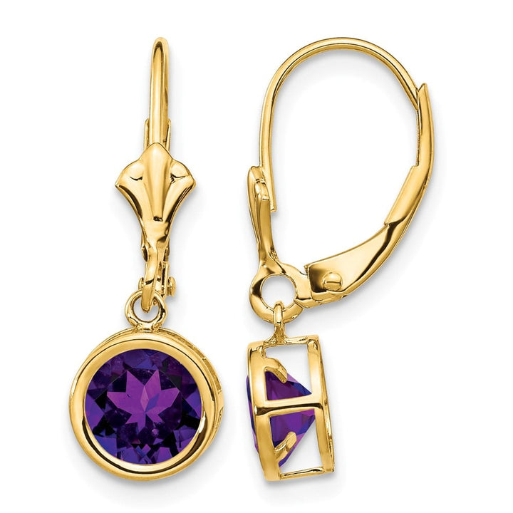 14K Yellow Gold 6mm Round Bezel Leverback Dangle Earrings, Amethyst, view 17 of 24