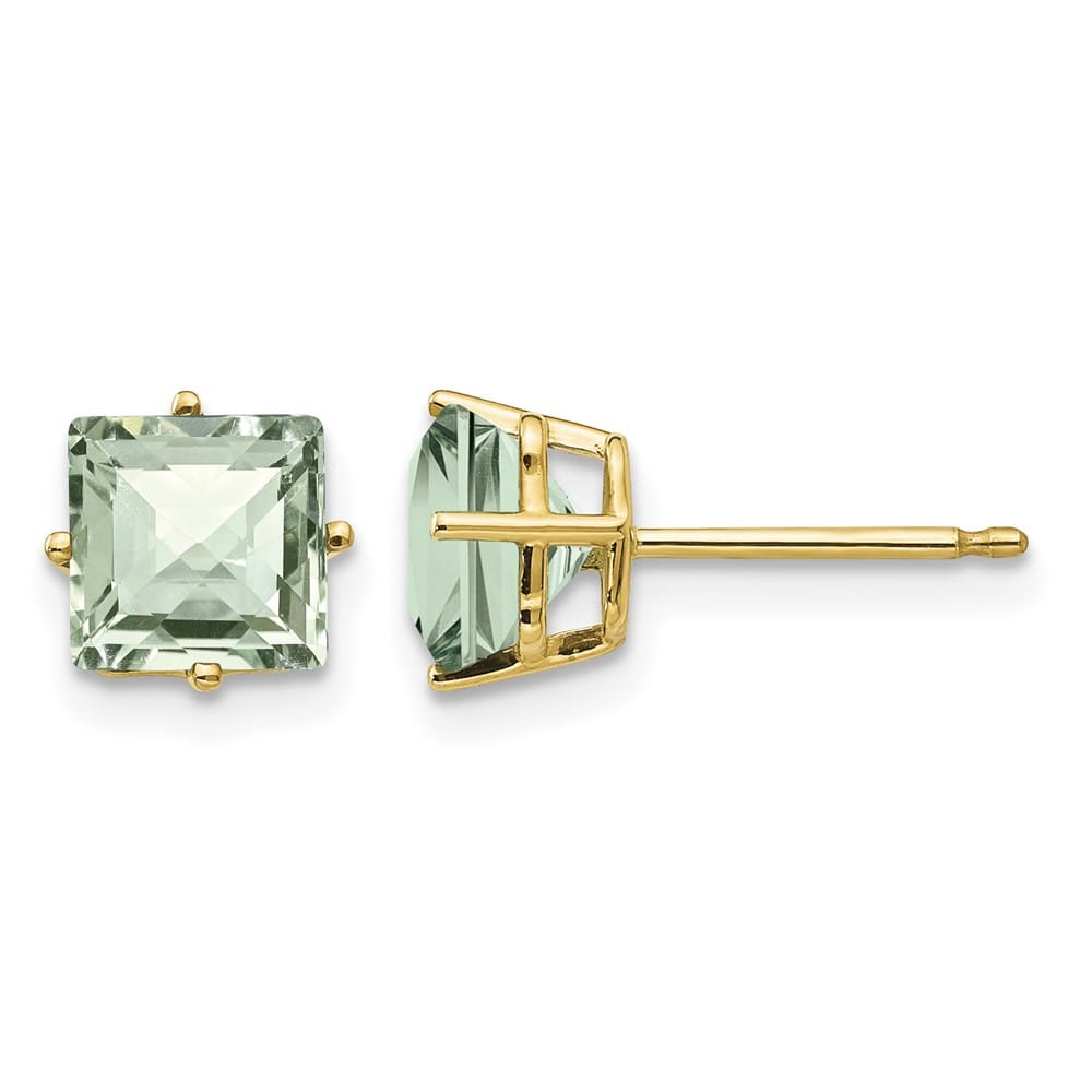 14K Yellow Gold 6mm Square Checker-Cut Green Quartz Post Earrings, view 1 of 4
