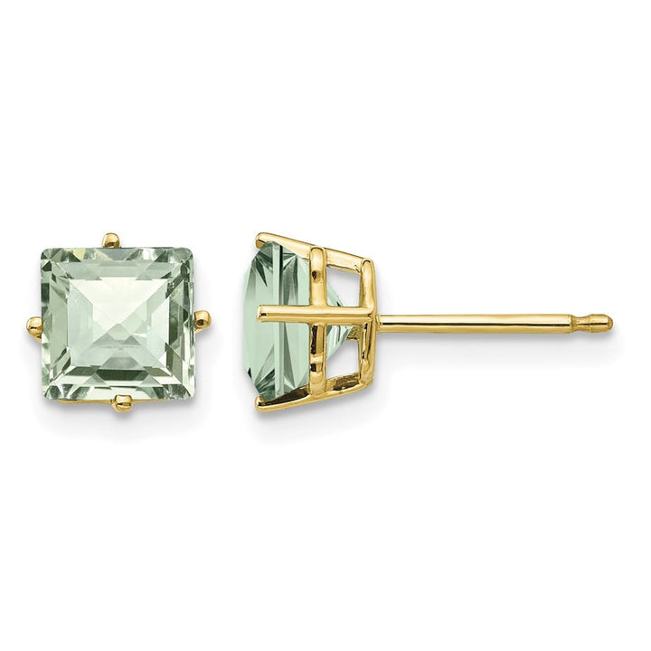 14K Yellow Gold 6mm Square Checker-Cut Green Quartz Post Earrings, view 1 of 4