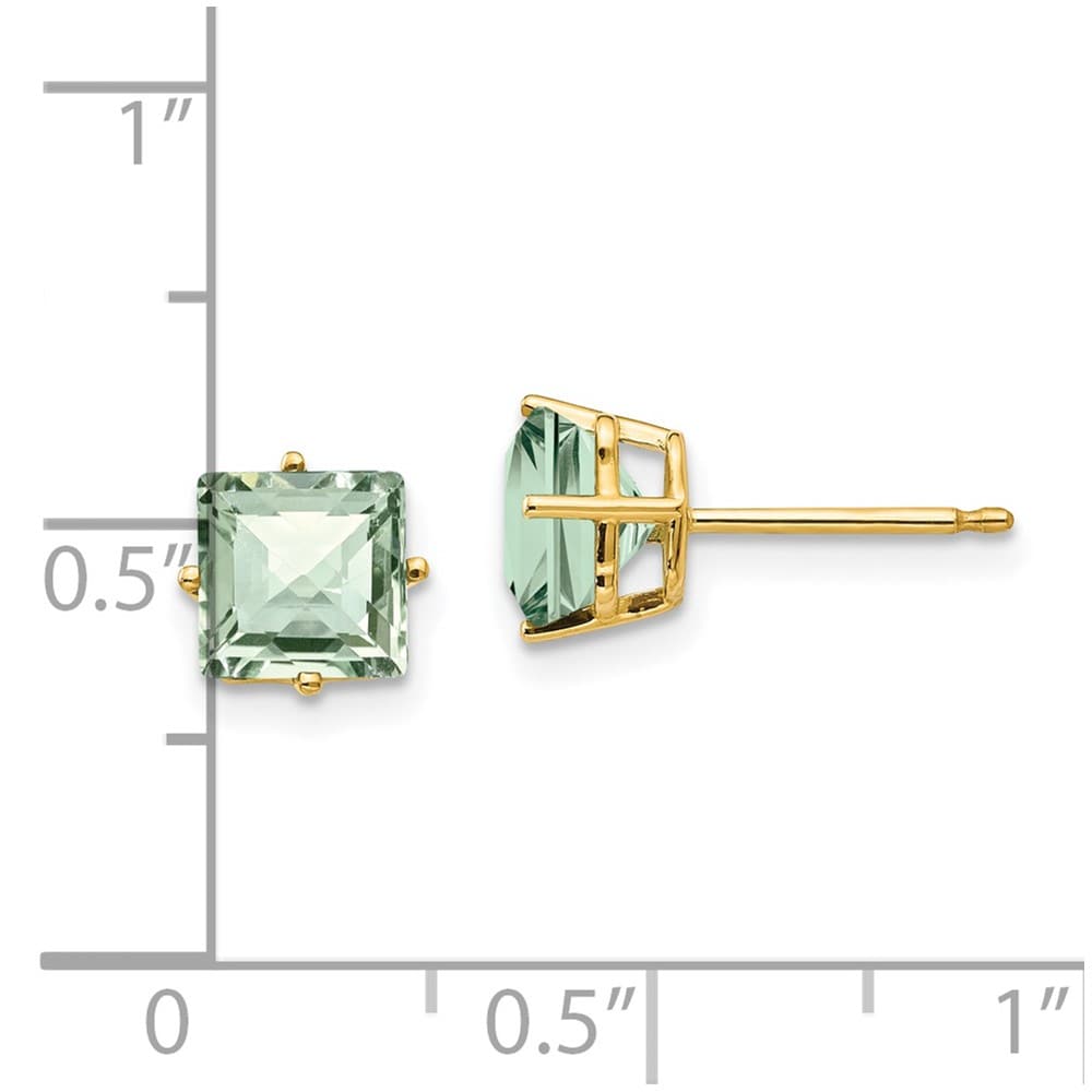 14K Yellow Gold 6mm Square Checker-Cut Green Quartz Post Earrings, view 4 of 4