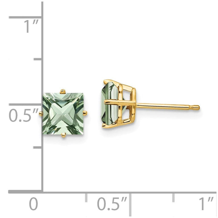 14K Yellow Gold 6mm Square Green Quartz Post Earrings, view 4 of 4