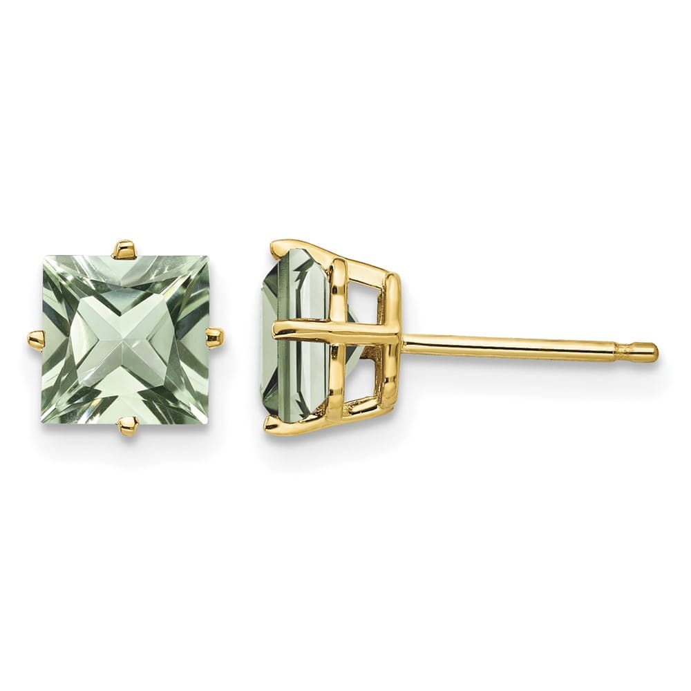 14K Yellow Gold 6mm Square Green Quartz Post Earrings, view 1 of 4