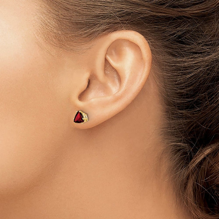 14K Yellow Gold 6mm Trillion Garnet Post Earrings, view 3 of 4