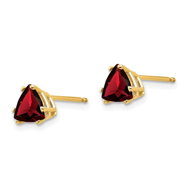 14K Yellow Gold 6mm Trillion Garnet Post Earrings, view 2 of 4