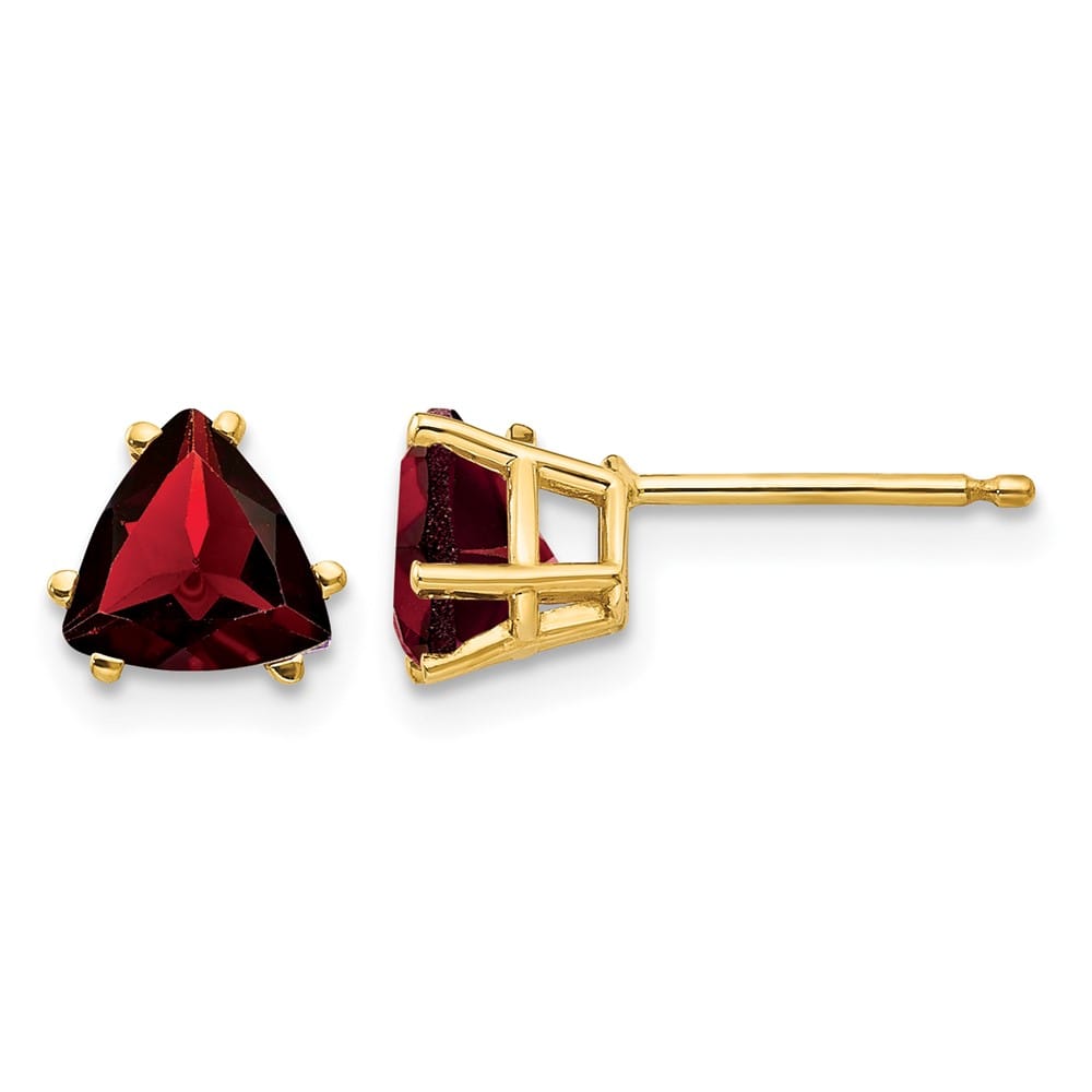 14K Yellow Gold 6mm Trillion Garnet Post Earrings, view 1 of 4