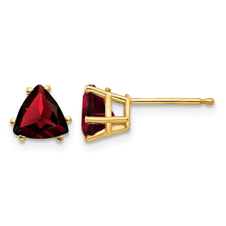 14K Yellow Gold 6mm Trillion Garnet Post Earrings, view 1 of 4