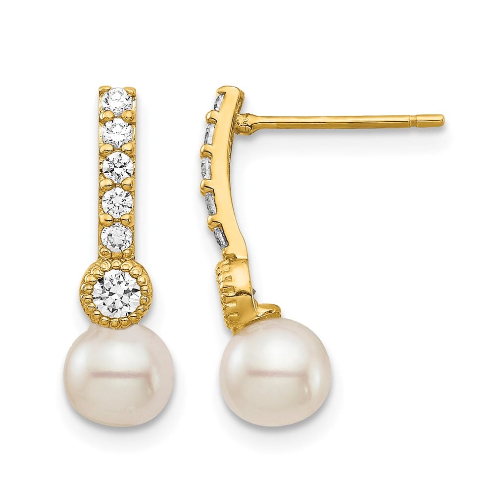 14K Yellow Gold 6mm White Semi-round Freshwater Pearl CZ Earrings