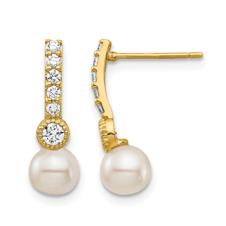 14K Yellow Gold 6mm White Semi-round Freshwater Pearl CZ Earrings