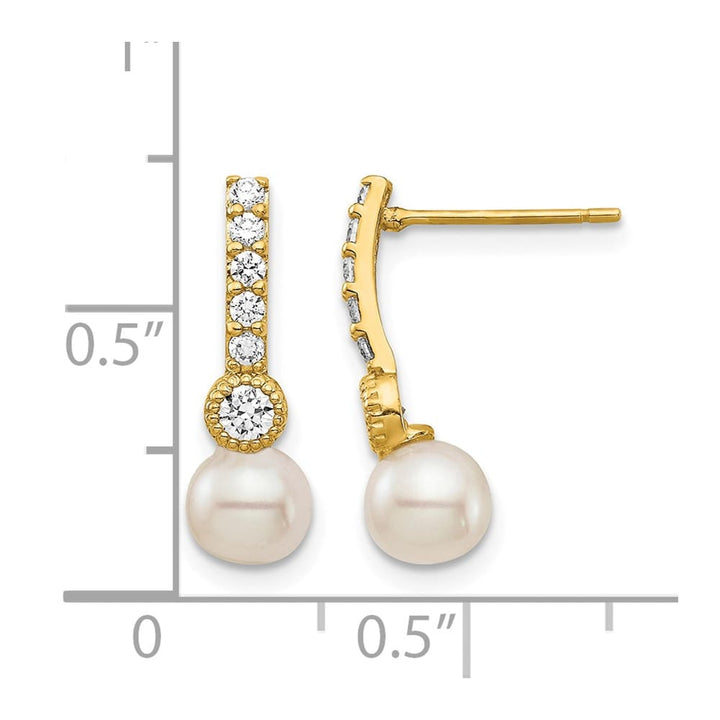 14K Yellow Gold 6mm White Semi-round Freshwater Pearl CZ Earrings