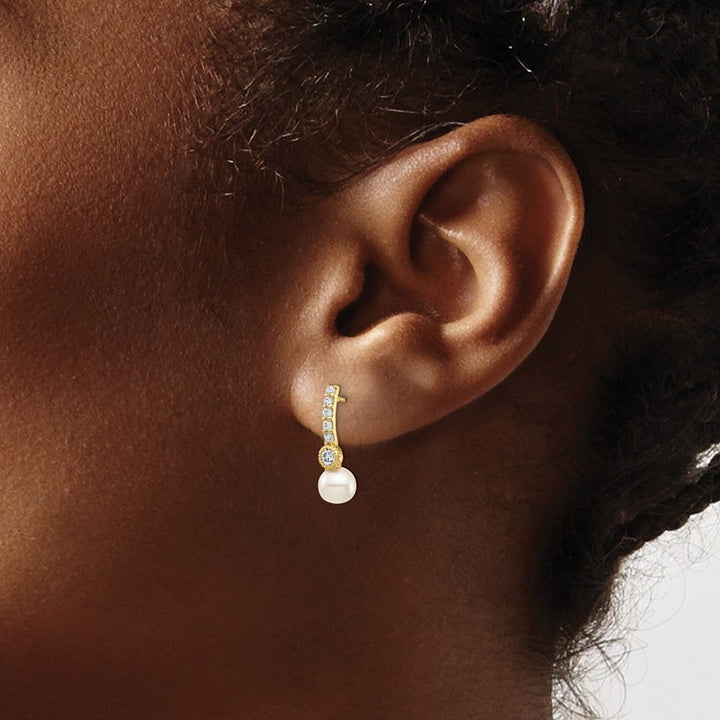 14K Yellow Gold 6mm White Semi-round Freshwater Pearl CZ Earrings