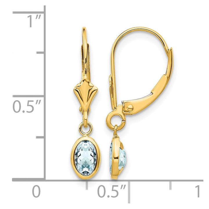 14K Yellow Gold 6x4 Oval Bezel March/Aquamarine Leverback Earrings, view 4 of 4