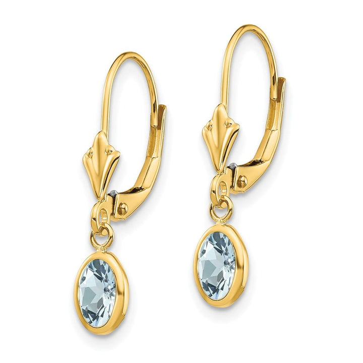 14K Yellow Gold 6x4 Oval Bezel March/Aquamarine Leverback Earrings, view 2 of 4