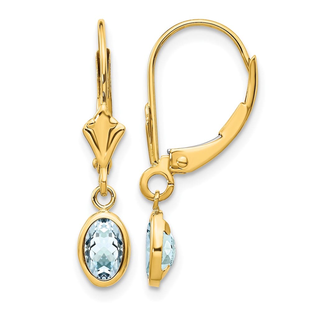 14K Yellow Gold 6x4 Oval Bezel March/Aquamarine Leverback Earrings, view 1 of 4