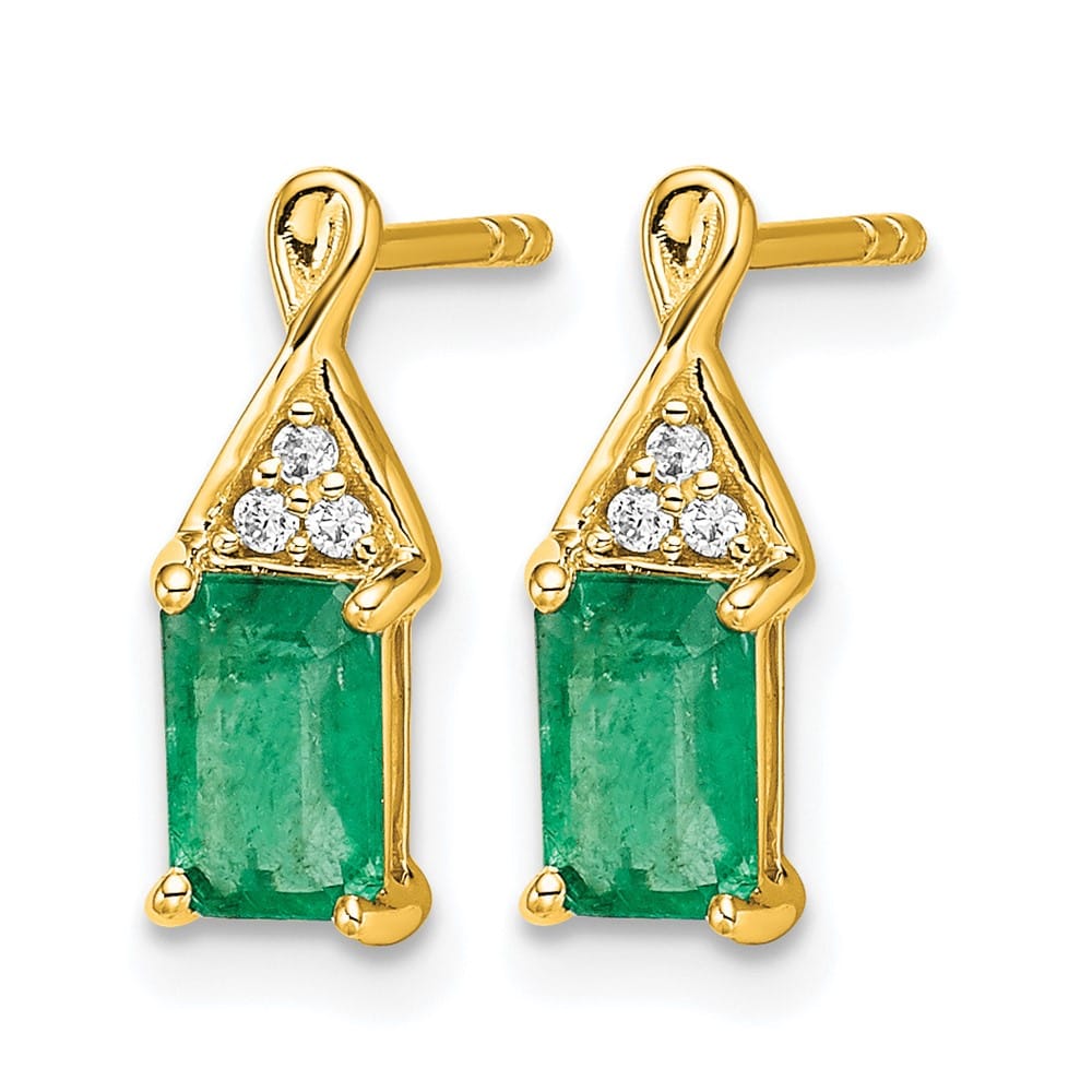 14K Yellow Gold 6x4mm Emerald-cut Emerald and Diamond Post Earrings, view 2 of 4