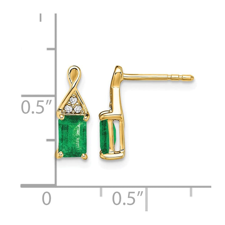 14K Yellow Gold 6x4mm Emerald-cut Emerald and Diamond Post Earrings, view 4 of 4