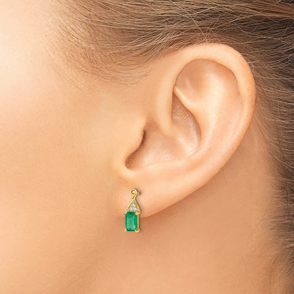 14K Yellow Gold 6x4mm Emerald-cut Emerald and Diamond Post Earrings, view 3 of 4