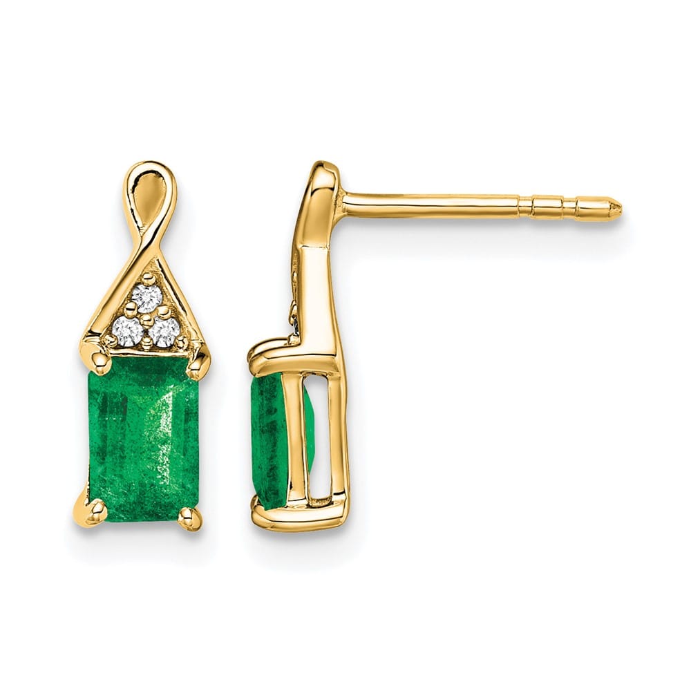 14K Yellow Gold 6x4mm Emerald-cut Emerald and Diamond Post Earrings, view 1 of 4