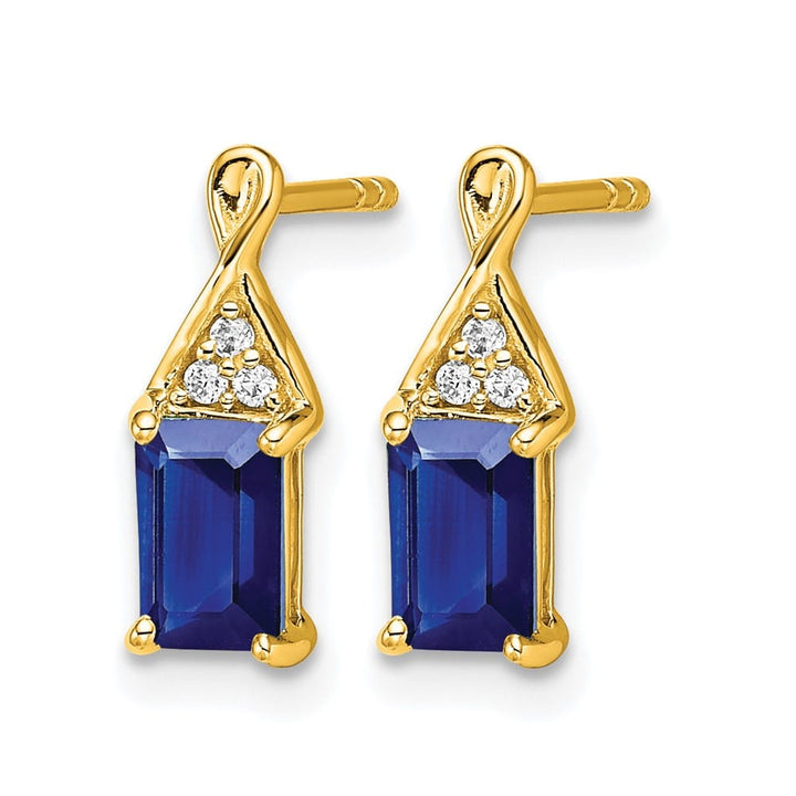 14K Yellow Gold 6x4mm Emerald-cut Sapphire and Diamond Post Earrings, view 2 of 4