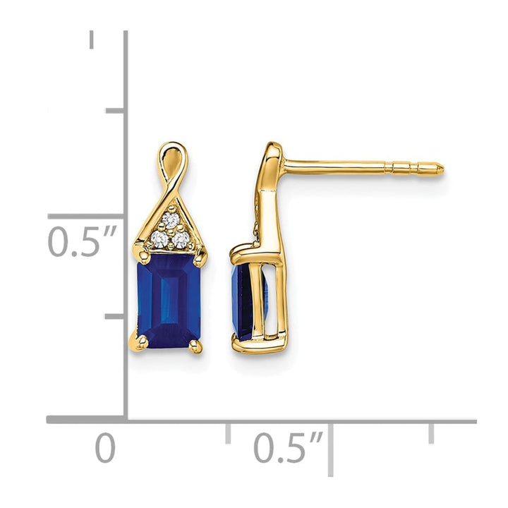 14K Yellow Gold 6x4mm Emerald-cut Sapphire and Diamond Post Earrings, view 4 of 4