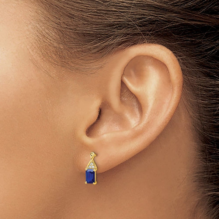 14K Yellow Gold 6x4mm Emerald-cut Sapphire and Diamond Post Earrings, view 3 of 4