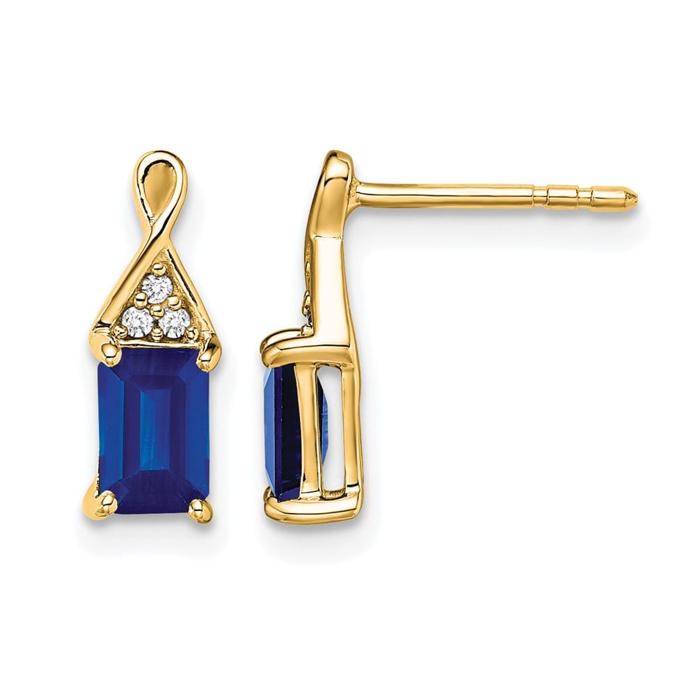 14K Yellow Gold 6x4mm Emerald-cut Sapphire and Diamond Post Earrings, view 1 of 4