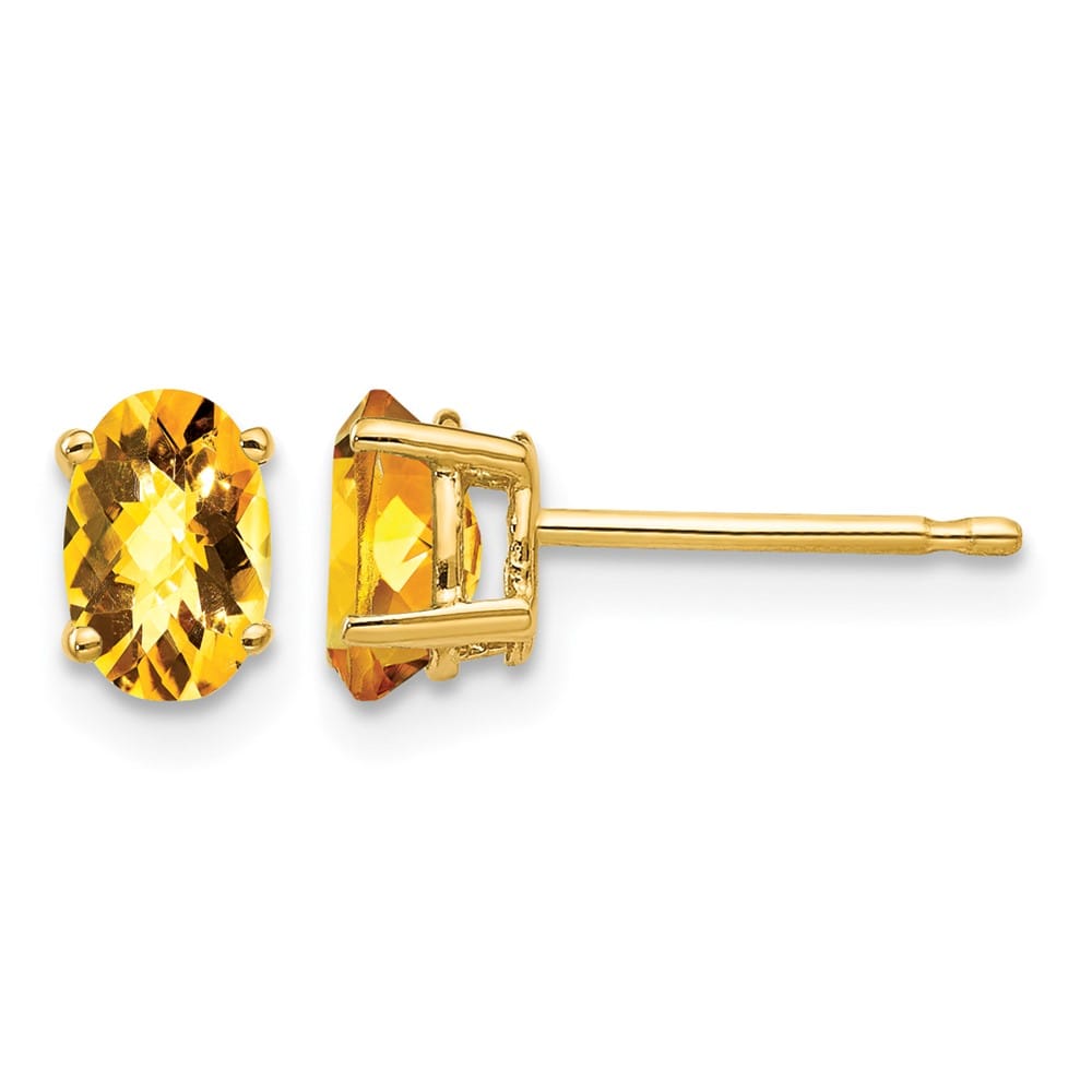 14K Yellow Gold 6x4mm Oval Checker-cut Citrine Post Earrings, view 1 of 4
