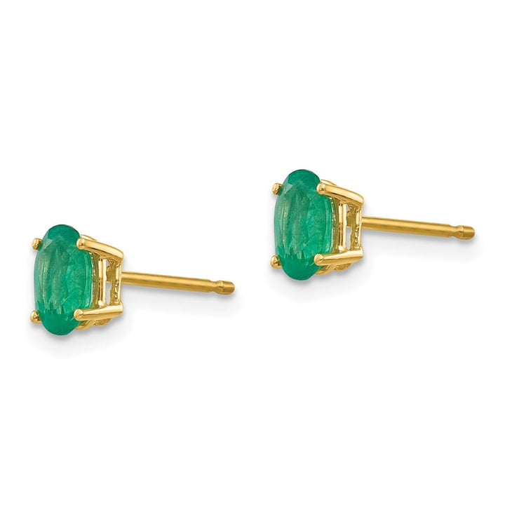 14K Yellow Gold 6x4mm Oval Emerald Post Earrings, view 2 of 4