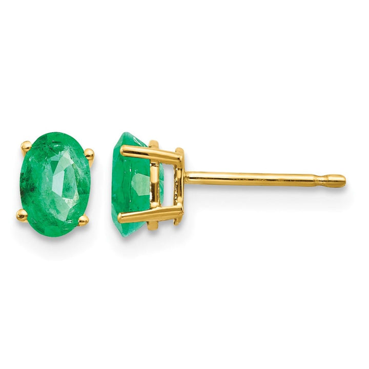 14K Yellow Gold 6x4mm Oval Emerald Post Earrings, view 1 of 4
